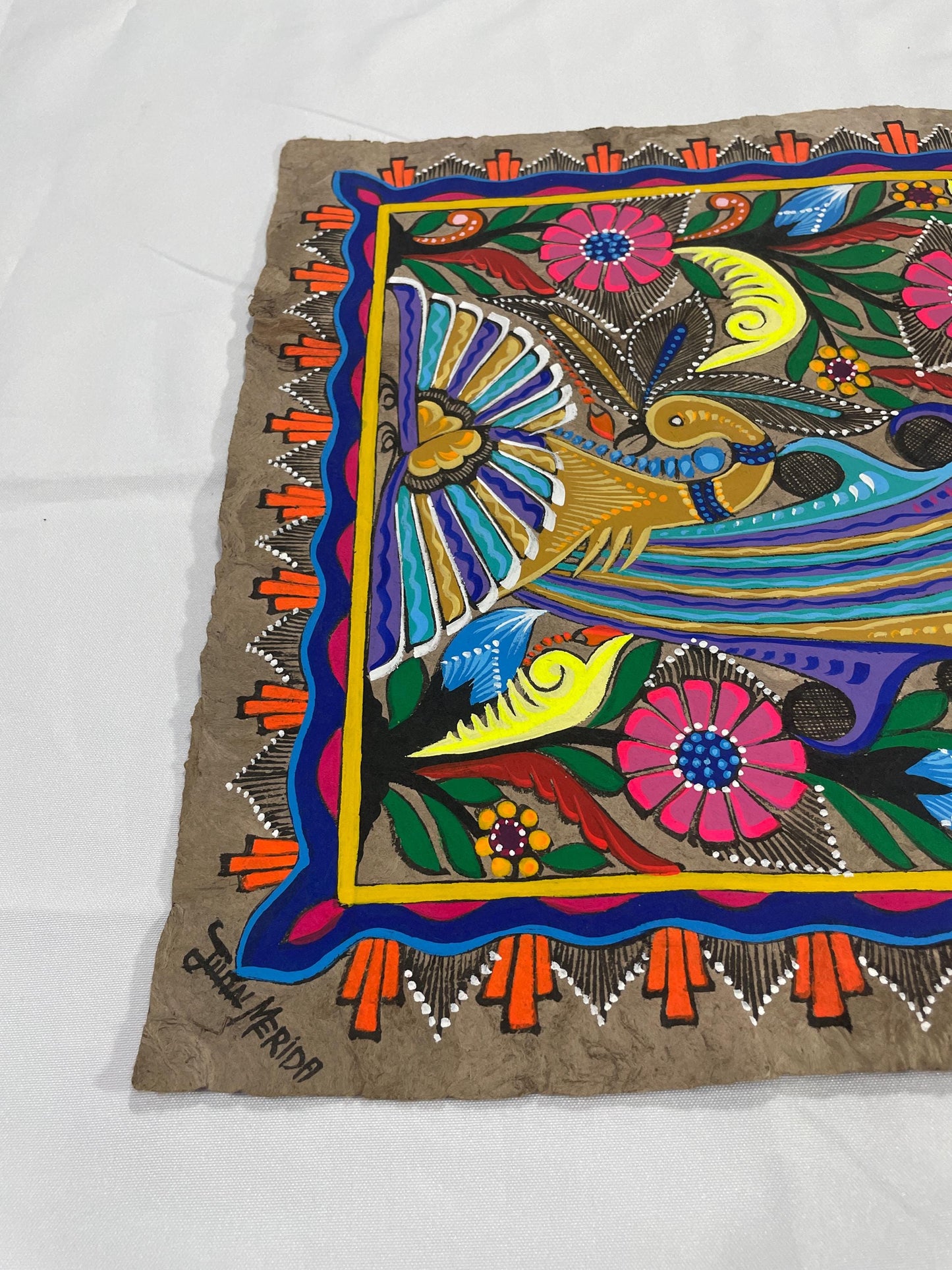 Papel Amate Mexicano Hecho a Mano,Arte Original de Ave Majestuosa y Flores Vibrantes,Obra Única de Colección, 40 cm x 60 cm (Sin Marco)