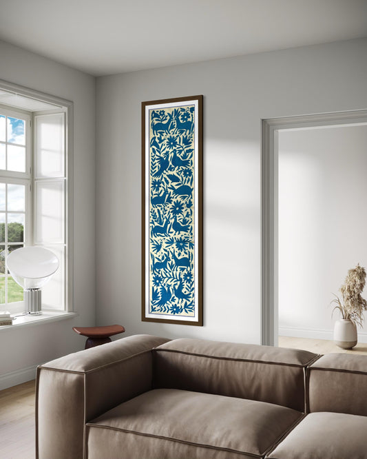 Enorme Bordado Otomi Hecho a Mano en Color Azul Turquesa, Textil Mexicano/Otomi en Formato Vertical XXL 189 cm x 43 cm