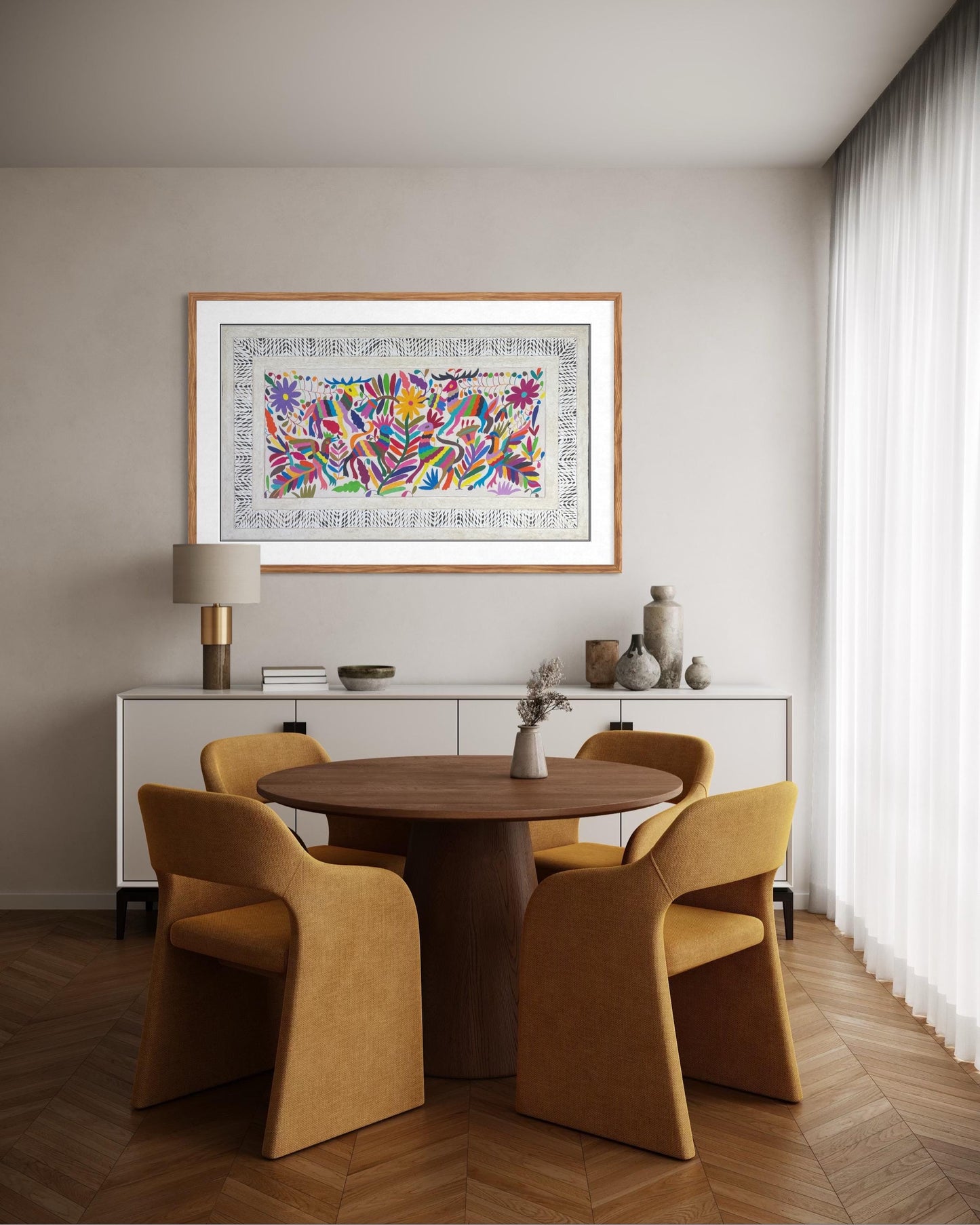 Enorme Arte Mural Mexicano en Papel Amate y Bordado Tenango Hecho a Mano-Arte Otomí Decorativo Moderno XXL 47.2 in x 27.5 in (SIN MARCO)
