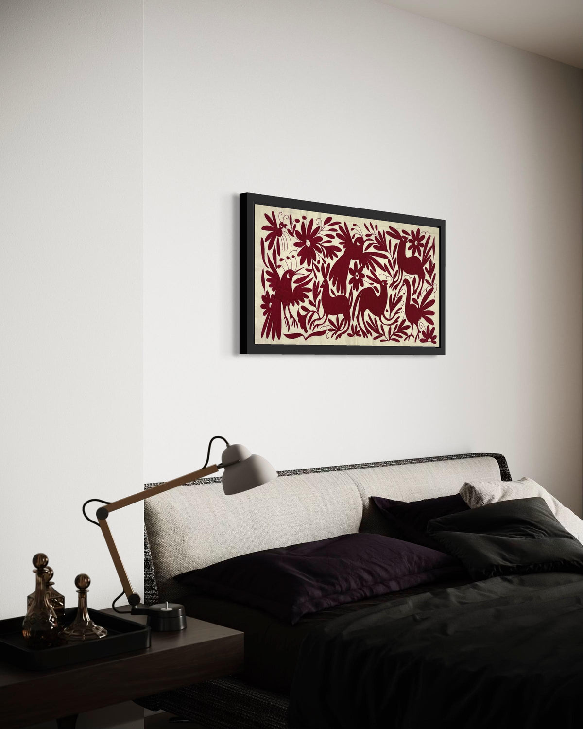 Bordado Tenango Hecho a Mano-Tapizado Otomí  en Color Vino XL 96 cm x 47 cm-Arte Mexicano Moderno (SIN MARCO)