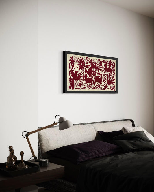 Bordado Tenango Hecho a Mano-Tapizado Otomí  en Color Vino XL 96 cm x 47 cm-Arte Mexicano Moderno (SIN MARCO)