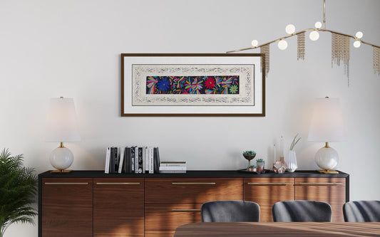 Arte Mural Mexicano en Papel Amate con Bordado de Tenango Hecho a Mano- 120 cm x 40 cm-Arte Bordado Otomí Moderno (SIN MARCO)