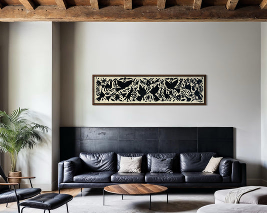 Enorme Bordado Tenango Hecho a Mano en Color Negro-Tapiz Otomi Horizontal-Camino de Mesa-XXL  189 cm x  44 cm (SIN MARCO)