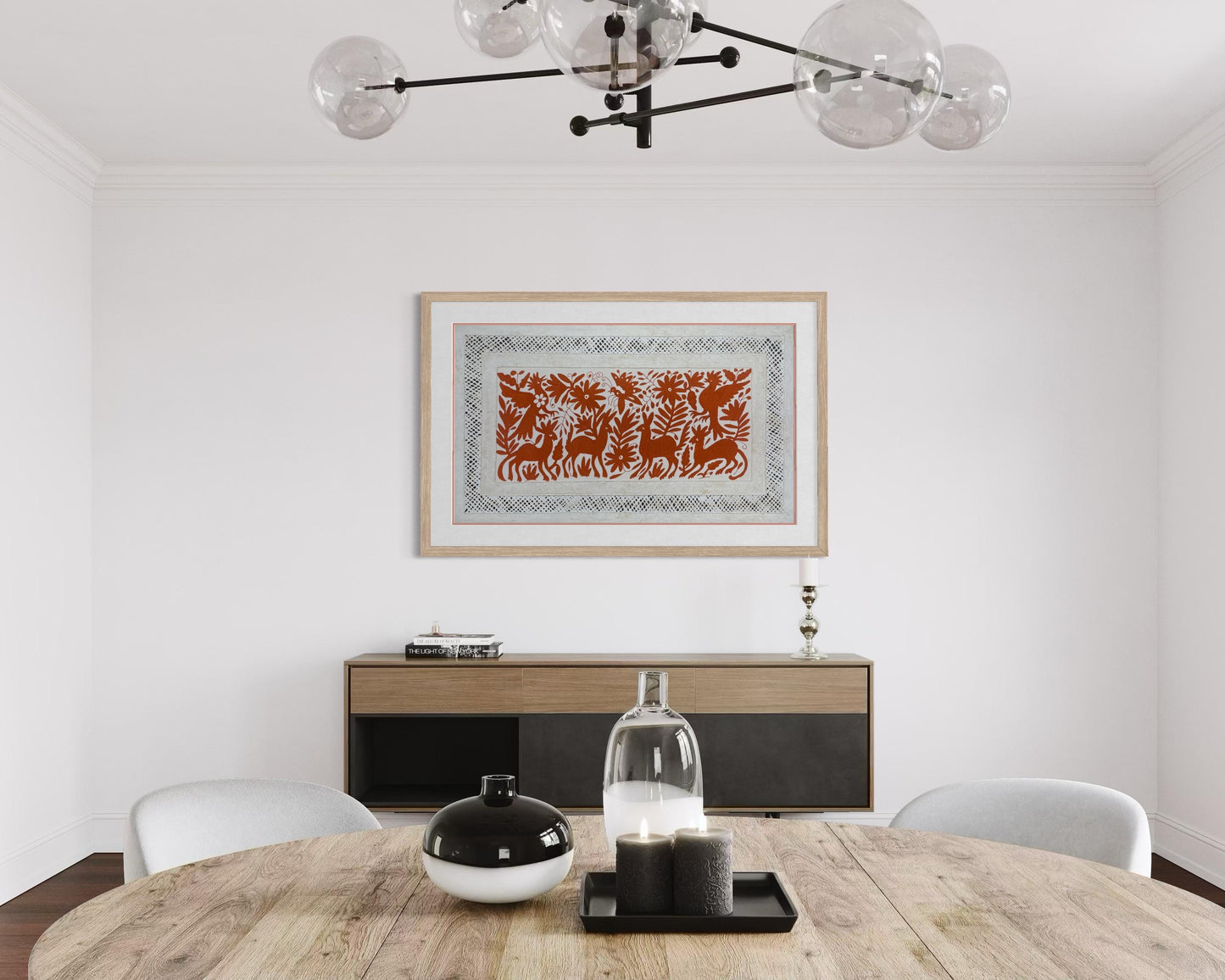 Enorme Arte Mural Mexicano en Papel Amate y Bordado Tenango Hecho a Mano-Arte Otomi Moderno Color Ladrillo XXL 47.2 in x 27.5 in (SIN MARCO)