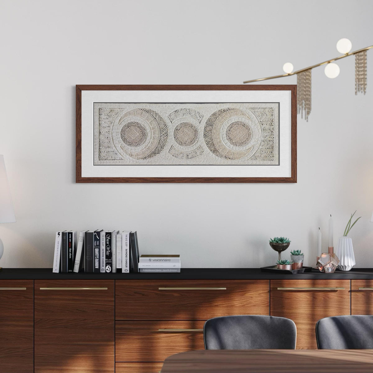 Arte Mural Mexicano Hecho a Mano de Papel Amate–Arte Mexicano Moderno, 47.2 x 15.7 in (SIN MARCO) Tejido de Eclipses y Círculos