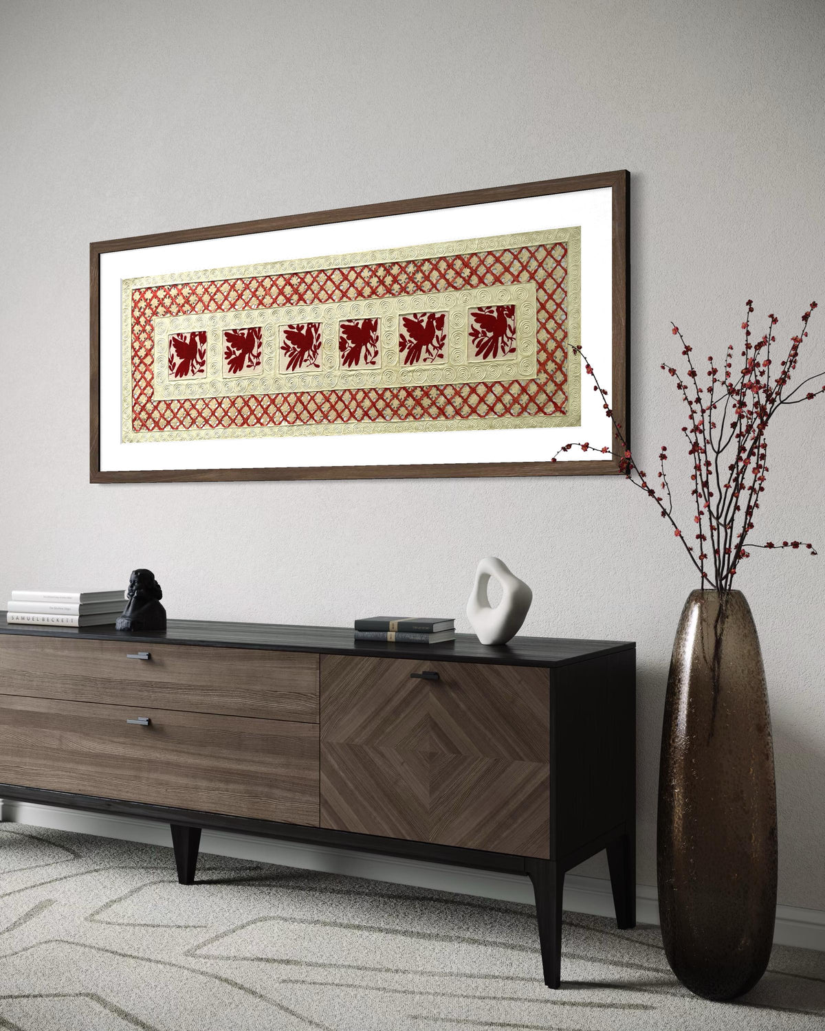 Arte Mural Mexicano Con Bordado Tenango y Papel Amate Hecho a Mano- 47,2 x 15,7 -Arte Otomí Teñido Color Rojo (SIN MARCO)