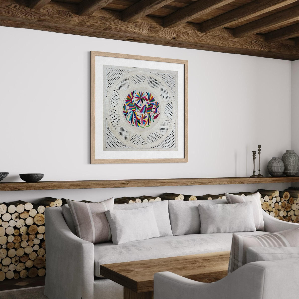 Arte Mural Mexicano en Papel Amate y Bordado Tenango Hecho a Mano-XL 31 x 31-Arte Otomí Moderno (SIN MARCO)