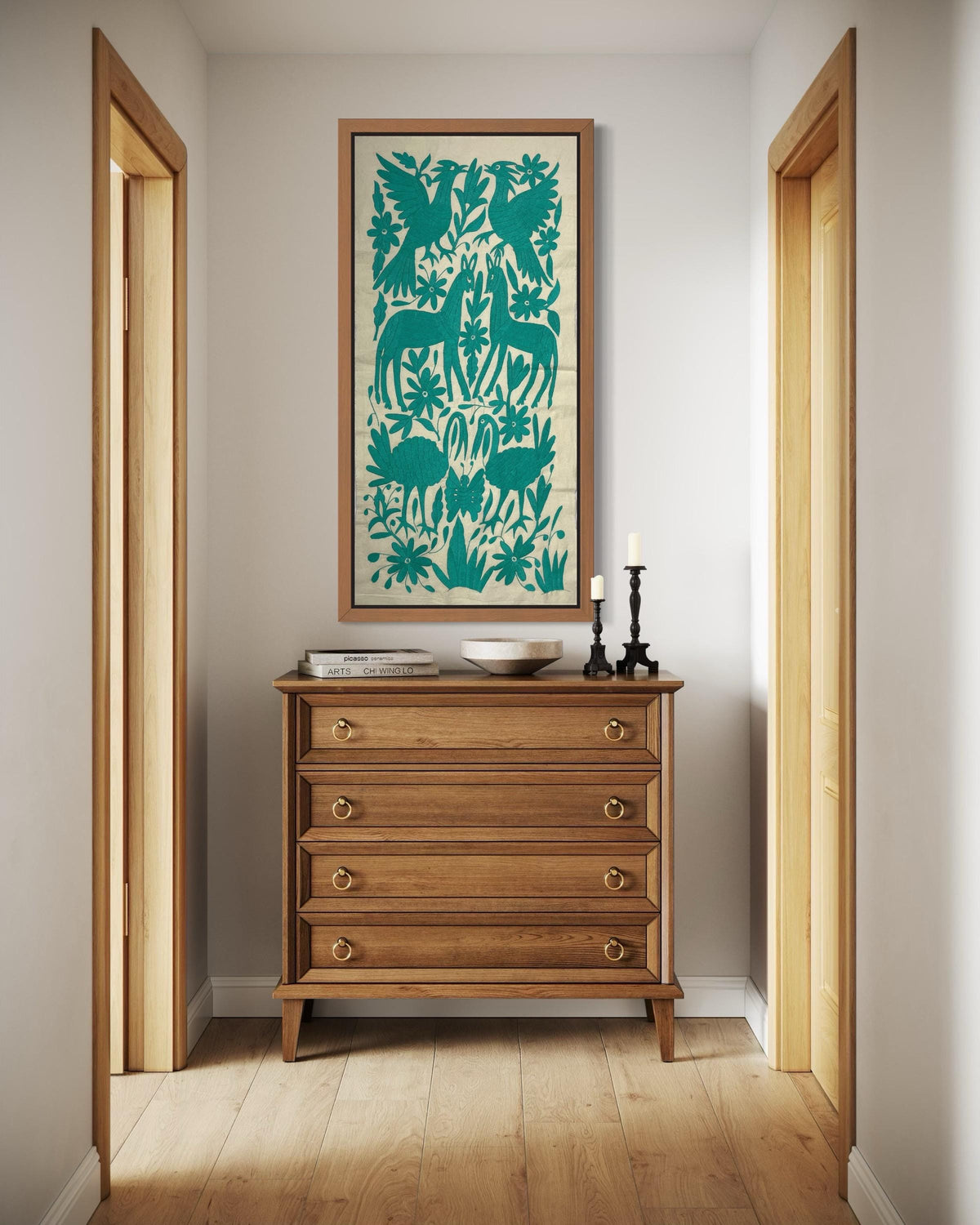 Tapizado Tenango Bordado y Hecho a Mano- Textil Otomi Mexicano Moderno en Color Verde Azulado XL 98 cm x 46 cm(SIN MARCO)