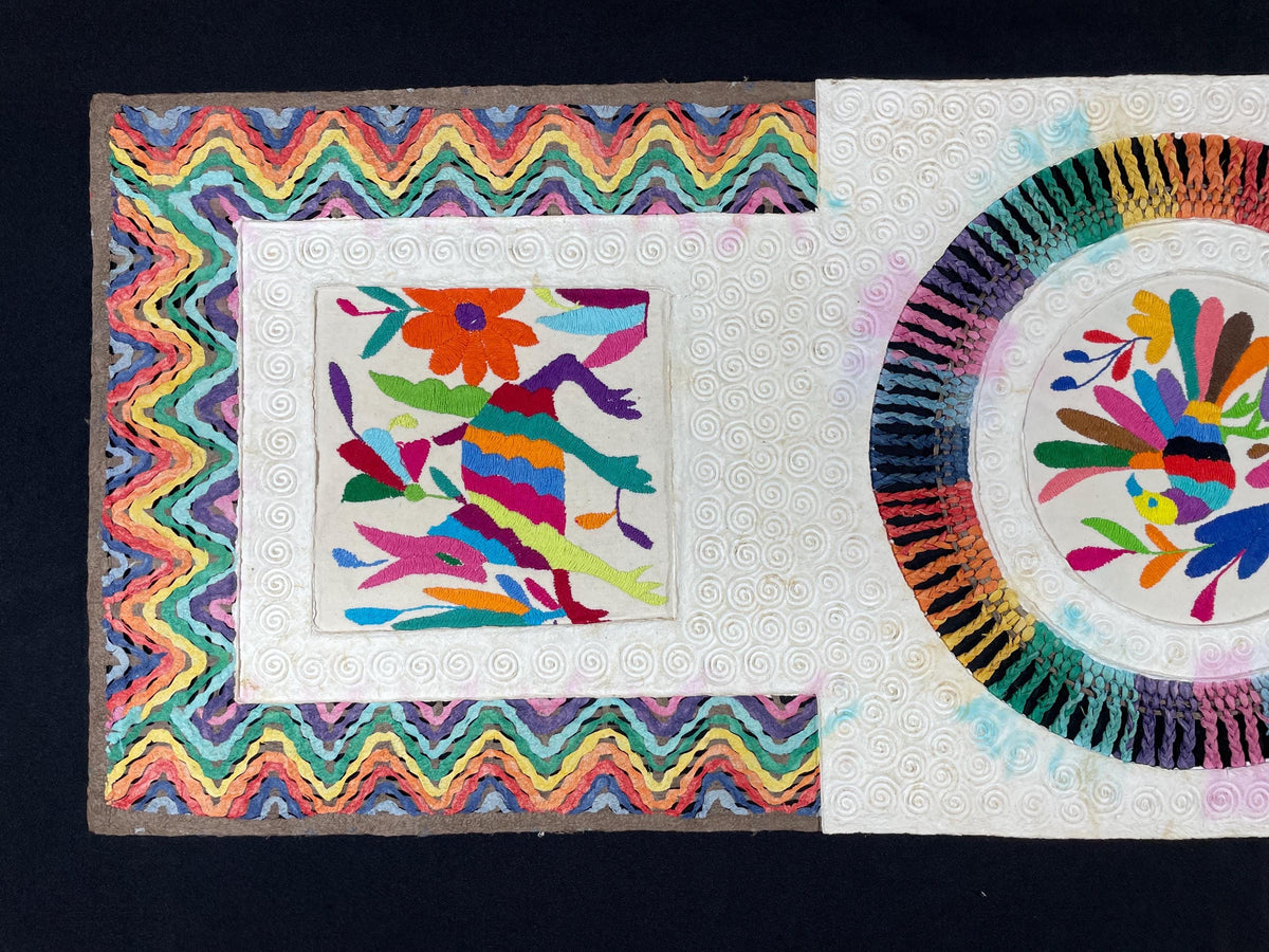 Arte Mural Mexicano Con Bordado Tenango y Papel Amate Hecho a Mano- 47,2 x 15,7 -Arte Otomí Teñido (SIN MARCO)