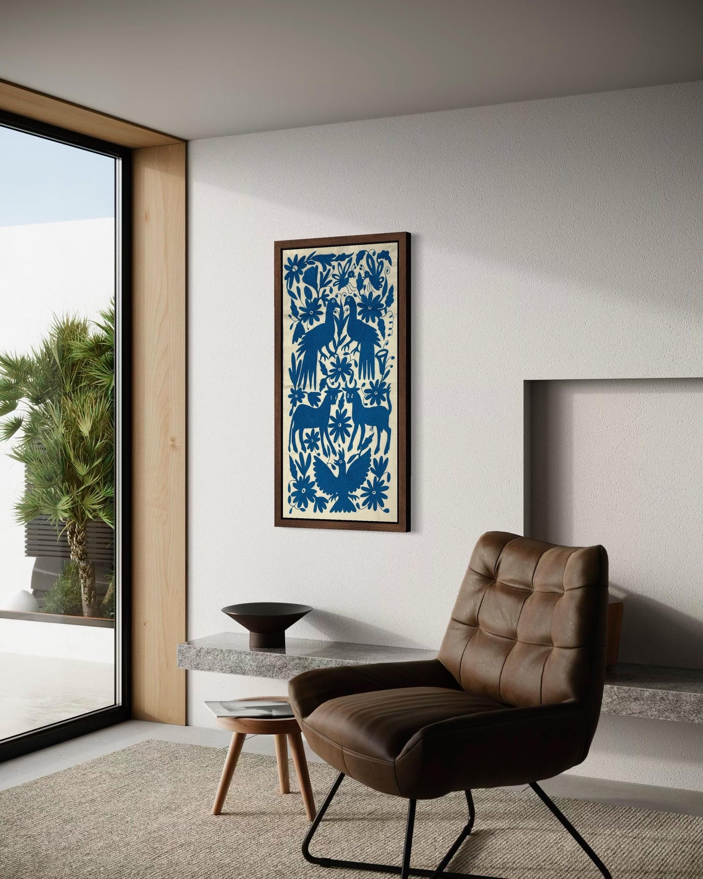 Tapizado Bordado Tenango Hecho a Mano-Arte Otomí Mexicano Moderno en Color Azul Turquesa XL 96 cm x 45 cm-(SIN MARCO)