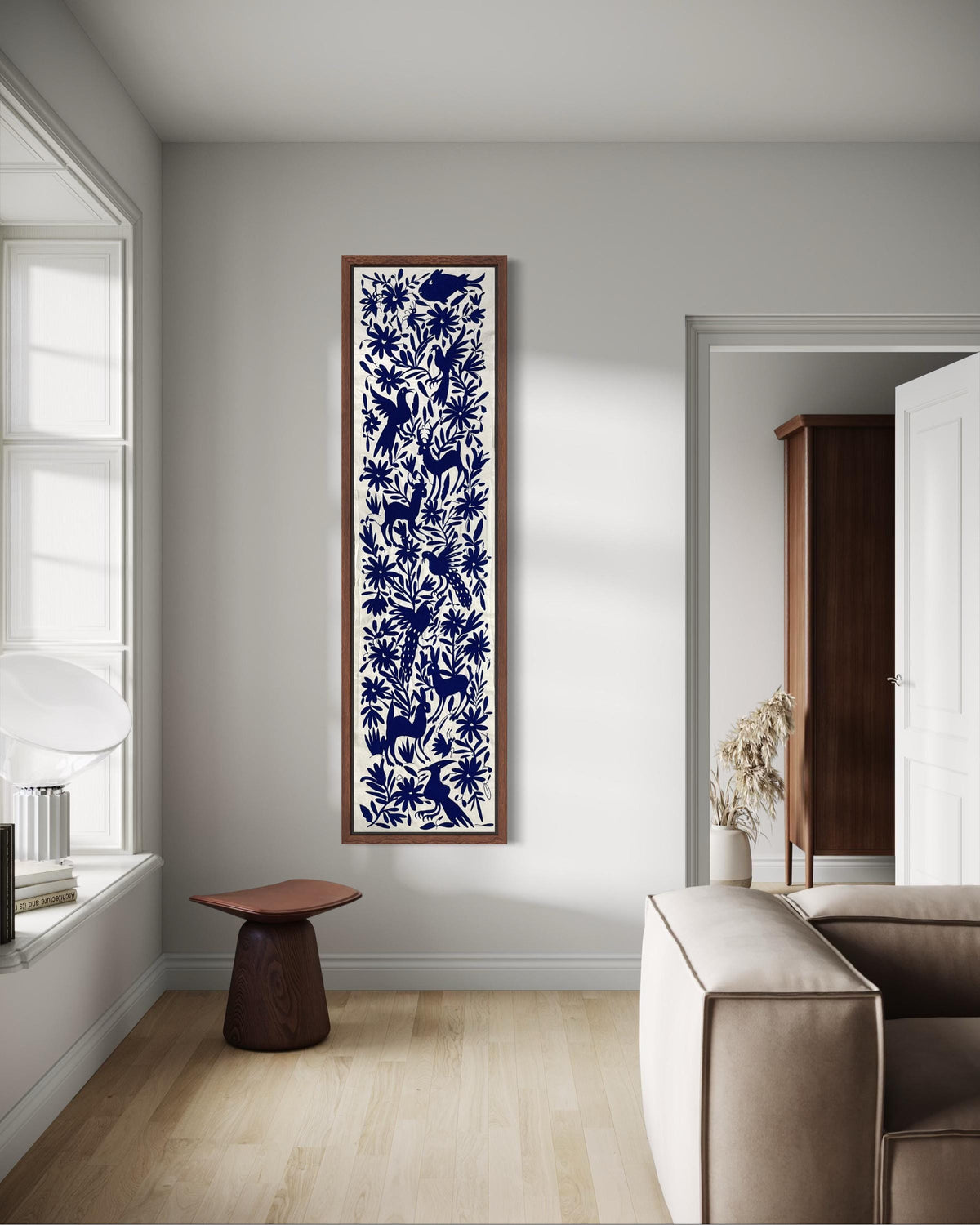 Enorme Bordado Tenango Hecho a Mano en  Color Azul Marino-Tapiz Otomi en en Formato Vertical XXL 189 cm x 44 cm-Arte Mexicano (SIN MARCO)