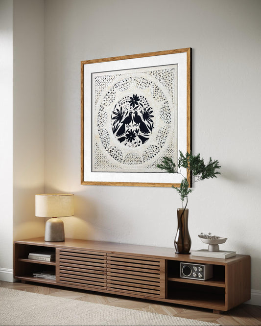 Arte Mural Mexicano en Papel Amate y Bordado Tenango Hecho a Mano en Colo Negro-XL 31 x 31-Arte Otomí Moderno (SIN MARCO)