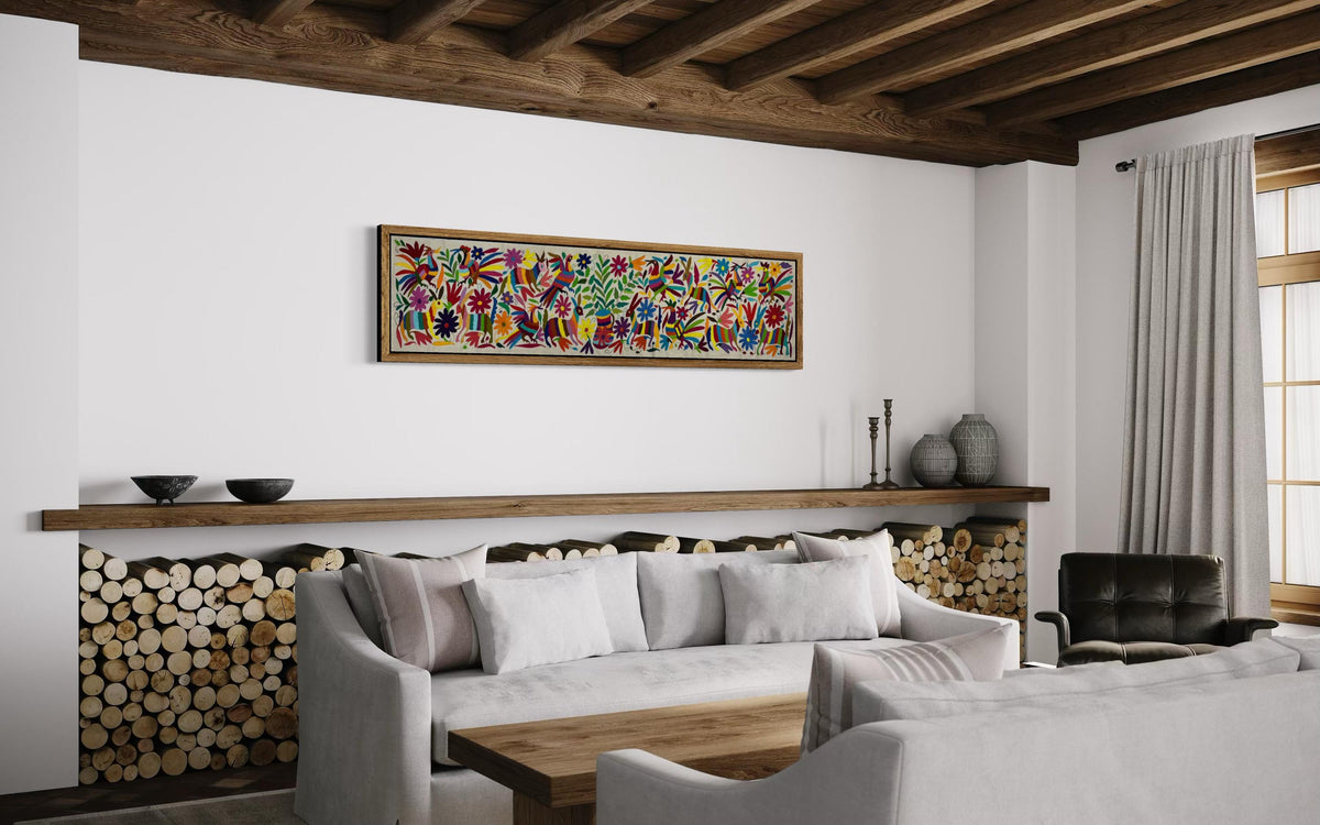 Enorme Bordado Tenango Hecho a Mano en Multicolor-Tapizado Otomi XXL 189 cm x 44 cm (SIN MARCO)