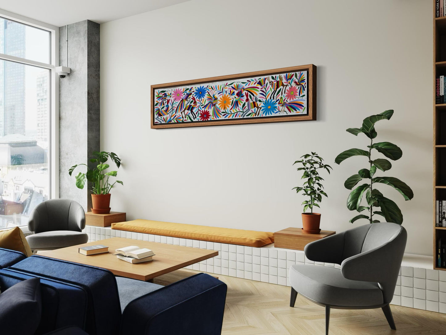 Enorme Bordado Tenango Hecho a Mano en Multicolor-Tapizado Otomi XXL 185 cm x 42 cm (SIN MARCO)