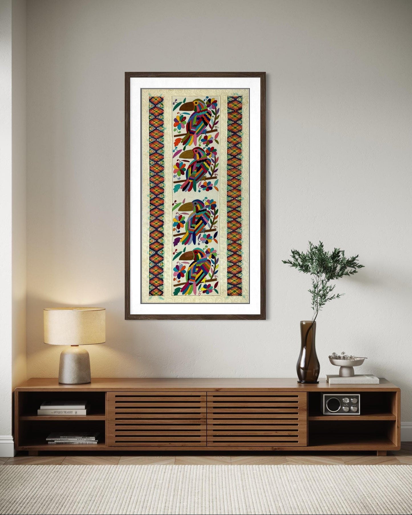Arte Mural Mexicano en Papel Amate  y Bordado Tenango Hecho a Mano-Arte Otomi Moderno Teñido XXL 42.7 in x 23.6 in (SIN MARCO)