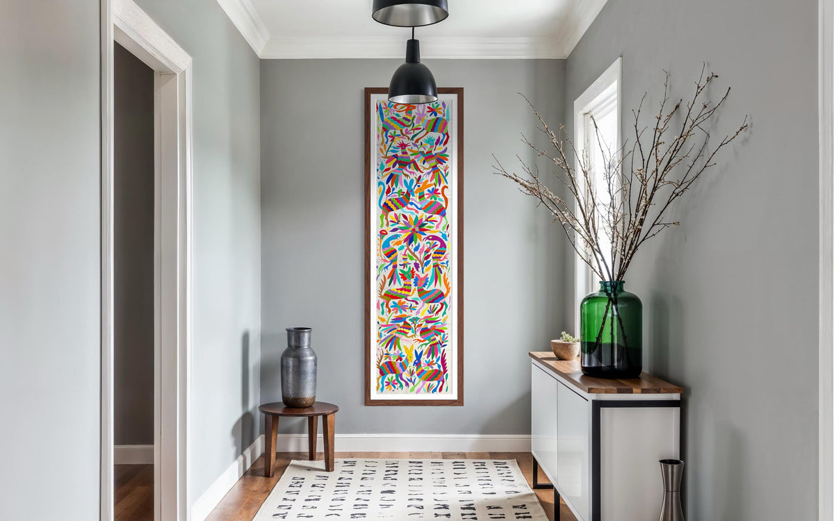 Bordado Tenango Hecho a Mano-Textil Otomi XXL 192 cm x 43 cm-Arte Mexicano en Multicolor en Forma Vertical (SIN MARCO)