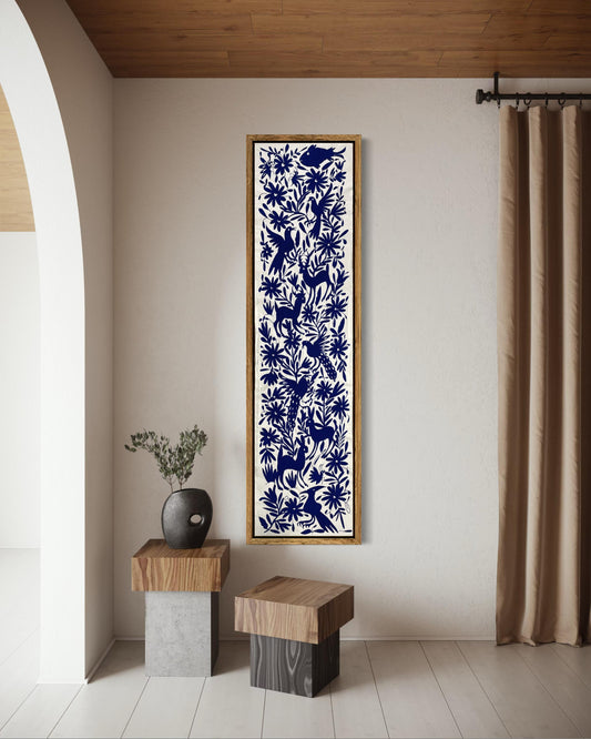Enorme Bordado Tenango Hecho a Mano en  Color Azul Marino-Tapiz Otomi en en Formato Vertical XXL 189 cm x 44 cm-Arte Mexicano (SIN MARCO)