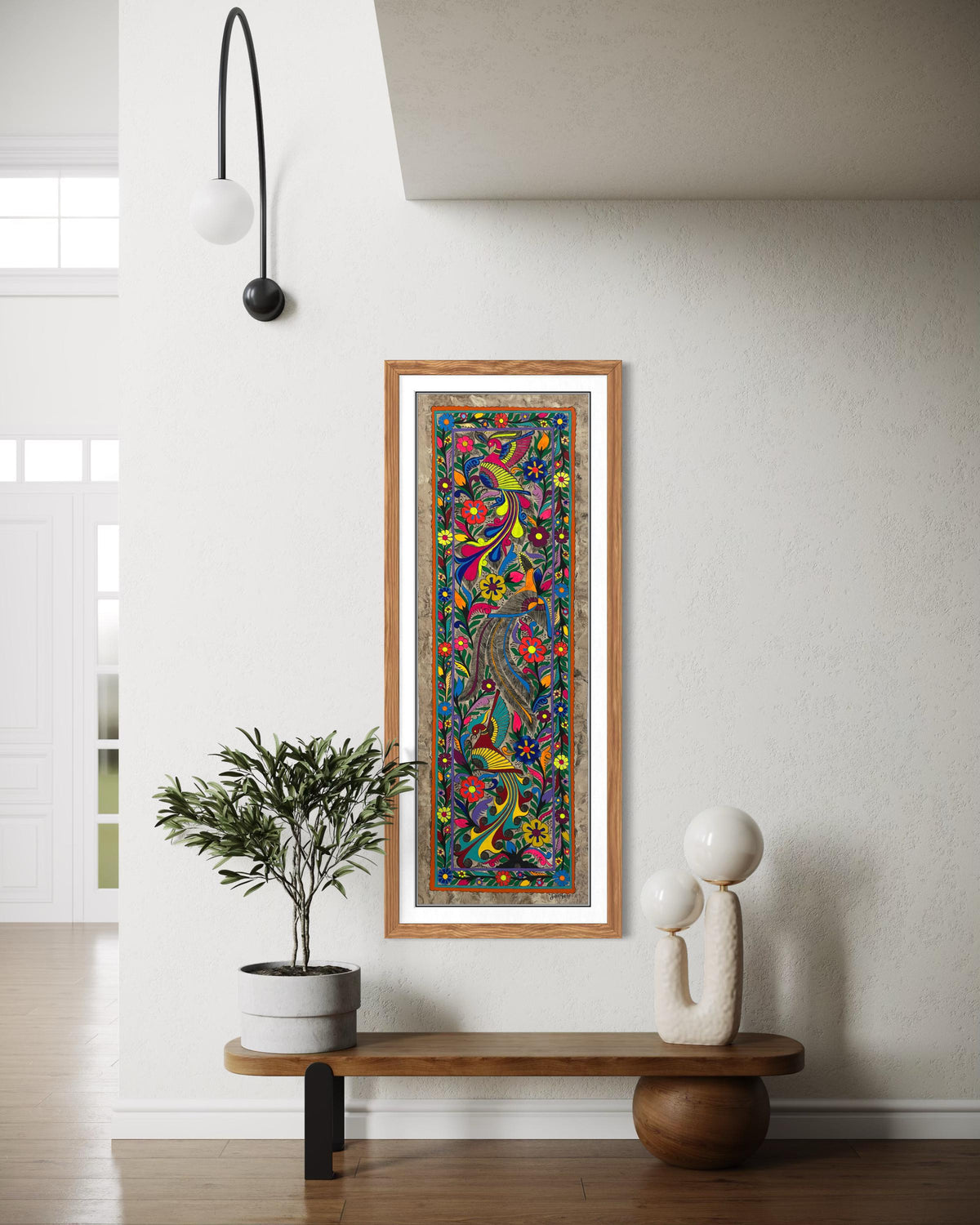 Arte Mexicano de Aves Exóticas sobre Papel Amate, Pintura Hecha a Mano, Decoración de Pared de Lujo/Obra Original 120 cm x 40 cm (Sin Marco)