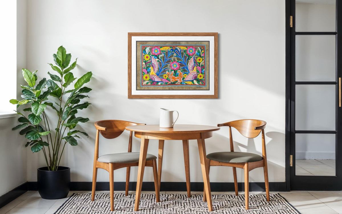 Pintura Tradicional Mexicana sobre Papel Amate Hecho a Mano, Arte Otomi Original con Aves y Flores, Obra Única de Colección (Sin Marco)