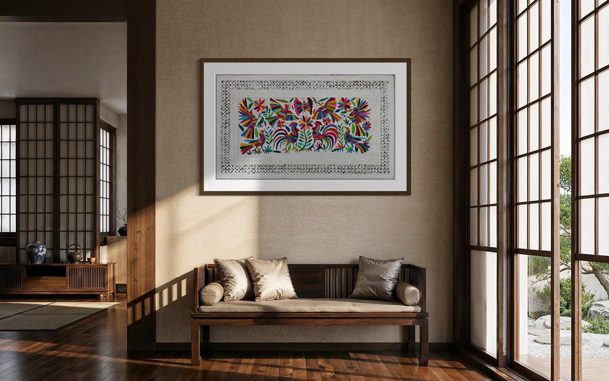 Arte Mural Mexicano en Papel Amate y Bordado Tenango Hecho A Mano - Arte de Pared Moderno XXL de 47.2 in X 27.5 in (SIN MARCO)