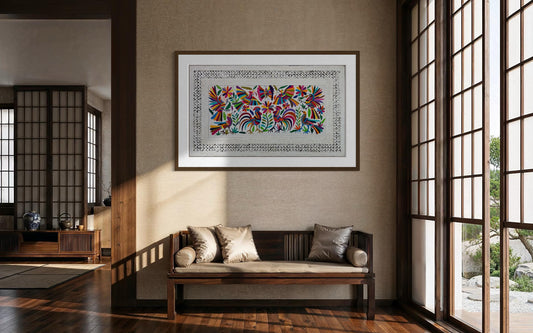 Arte Mural Mexicano en Papel Amate y Bordado Tenango Hecho A Mano - Arte de Pared Moderno XXL de 47.2 in X 27.5 in (SIN MARCO)