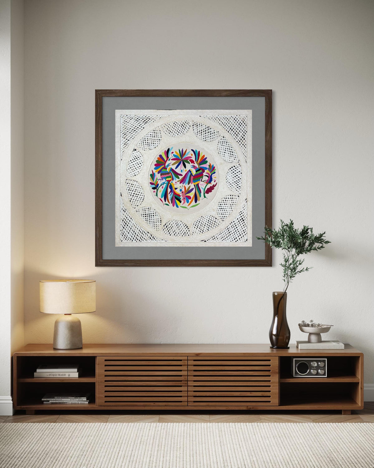 Arte Mural Mexicano en Papel Amate y Bordado Tenango Hecho a Mano-XL 31 x 31-Arte Otomí Moderno (SIN MARCO)