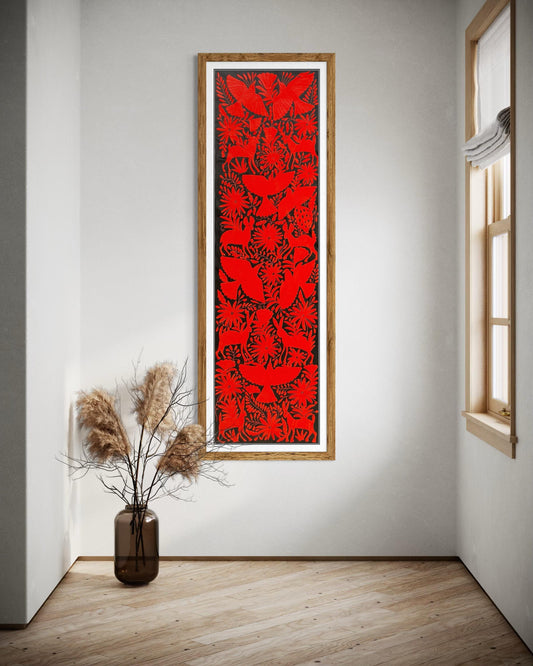 Enorme Bordado Tenango Hecho a Mano en Color Azul  Turquesa o Rojo-Tapizado Otomi-Textil Mexicano XXL  (SIN MARCO)