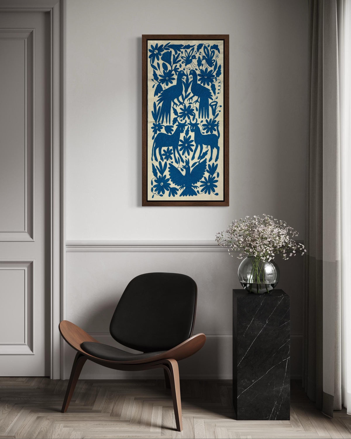 Tapizado Bordado Tenango Hecho a Mano-Arte Otomí Mexicano Moderno en Color Azul Turquesa XL 96 cm x 45 cm-(SIN MARCO)