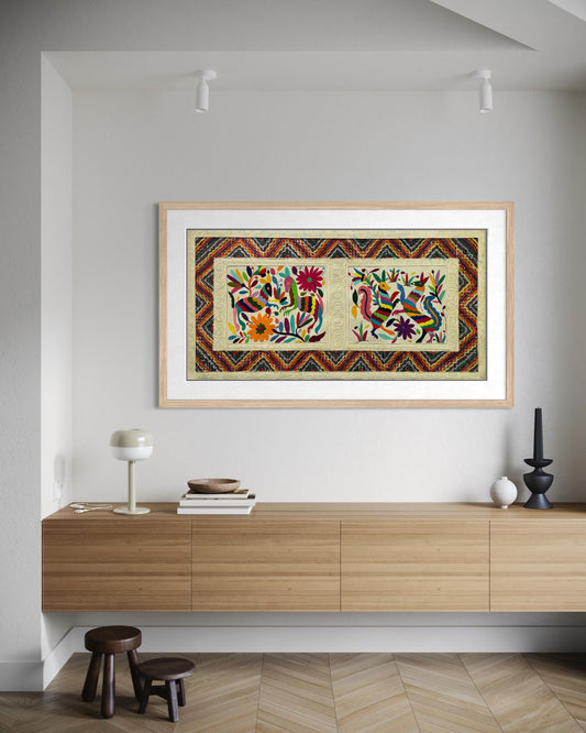 Arte Mural Mexicano en Papel Amate Teñido y Bordado Tenango Hecho A Mano - Arte Decorativo Moderno XXL de 47.2 in X 23.6 in (SIN MARCO)