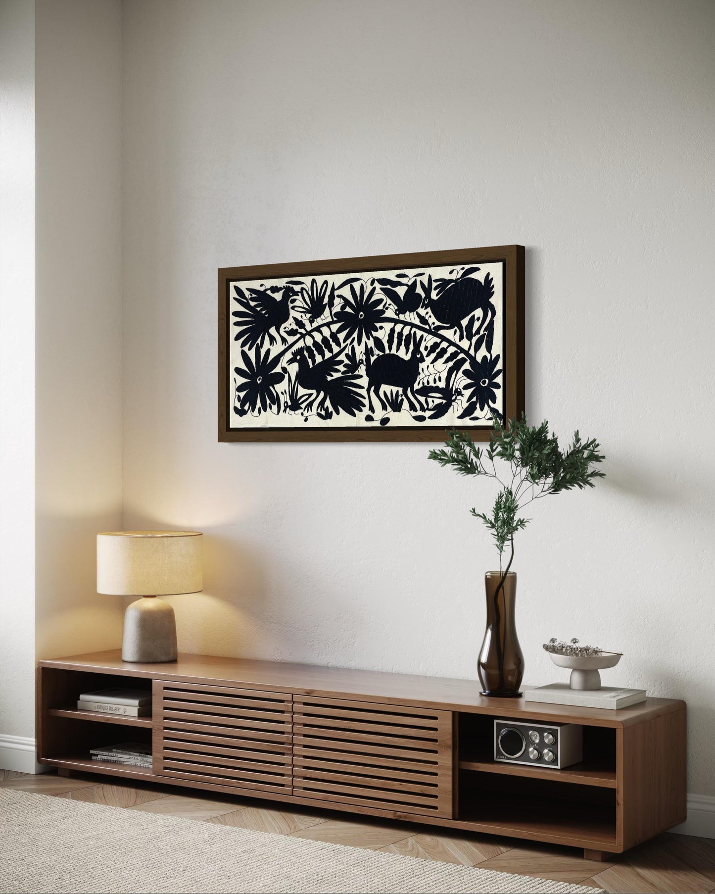Bordado Tenango Hecho a Mano,Tapizado Otomi en Color Negro XL 94 cm x 45 cm-Textil Mexicano Moderno (SIN MARCO)