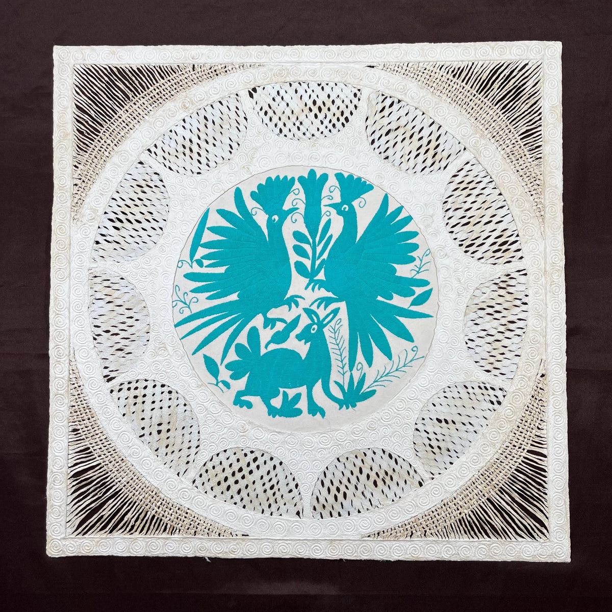 Arte Mural Mexicano en Papel Amate y Bordado Tenango Hecho a Mano-Verde Azulado-XL 31 x 31 in-Arte Otomi Moderno (SIN MARCO) Estilo Estrella
