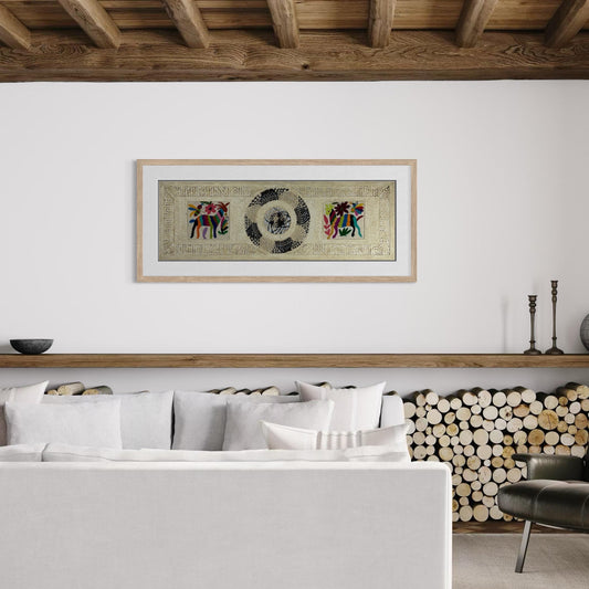 Arte Mural Mexicano en Papel Amate con Bordado de Tenango Hecho a Mano- 120 cm x 40 cm-Arte Bordado Otomí Moderno (SIN MARCO)