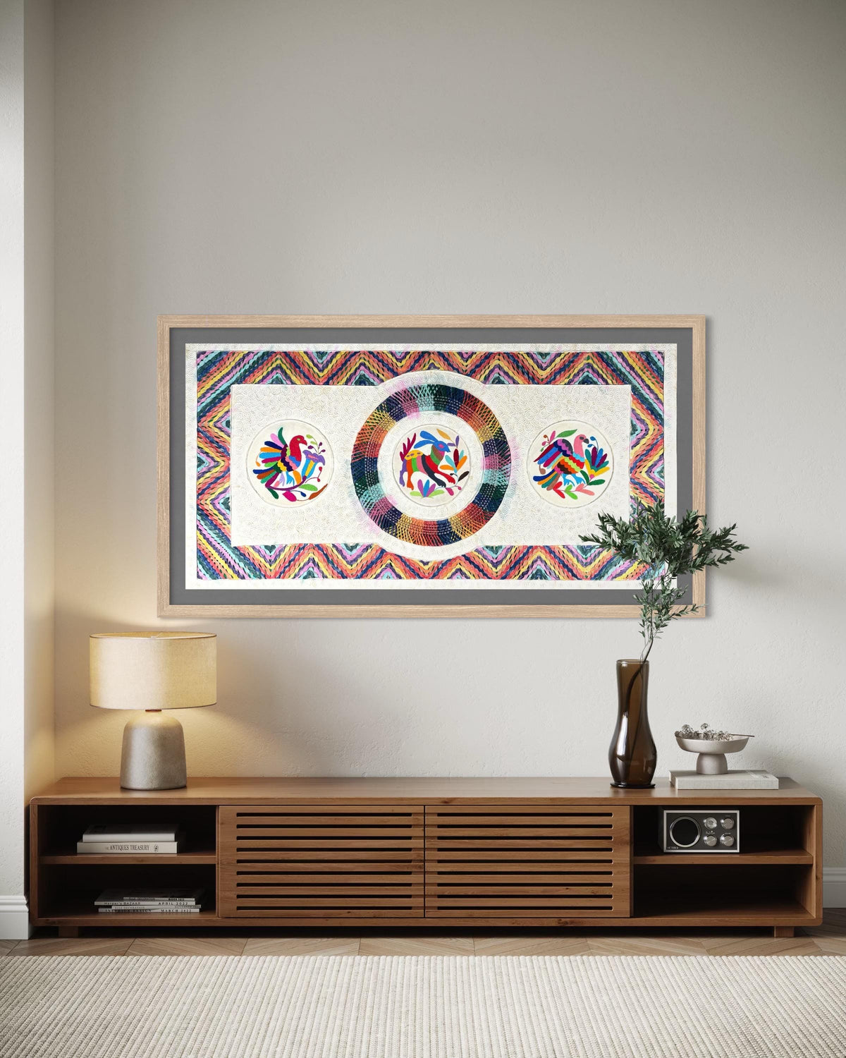 Gran Arte Mural Mexicano en Papel Amate Teñido con Bordado de Tenango Hecho a Mano- 47.2 in x 23.6 in-Arte Otomí Moderno (SIN MARCO)