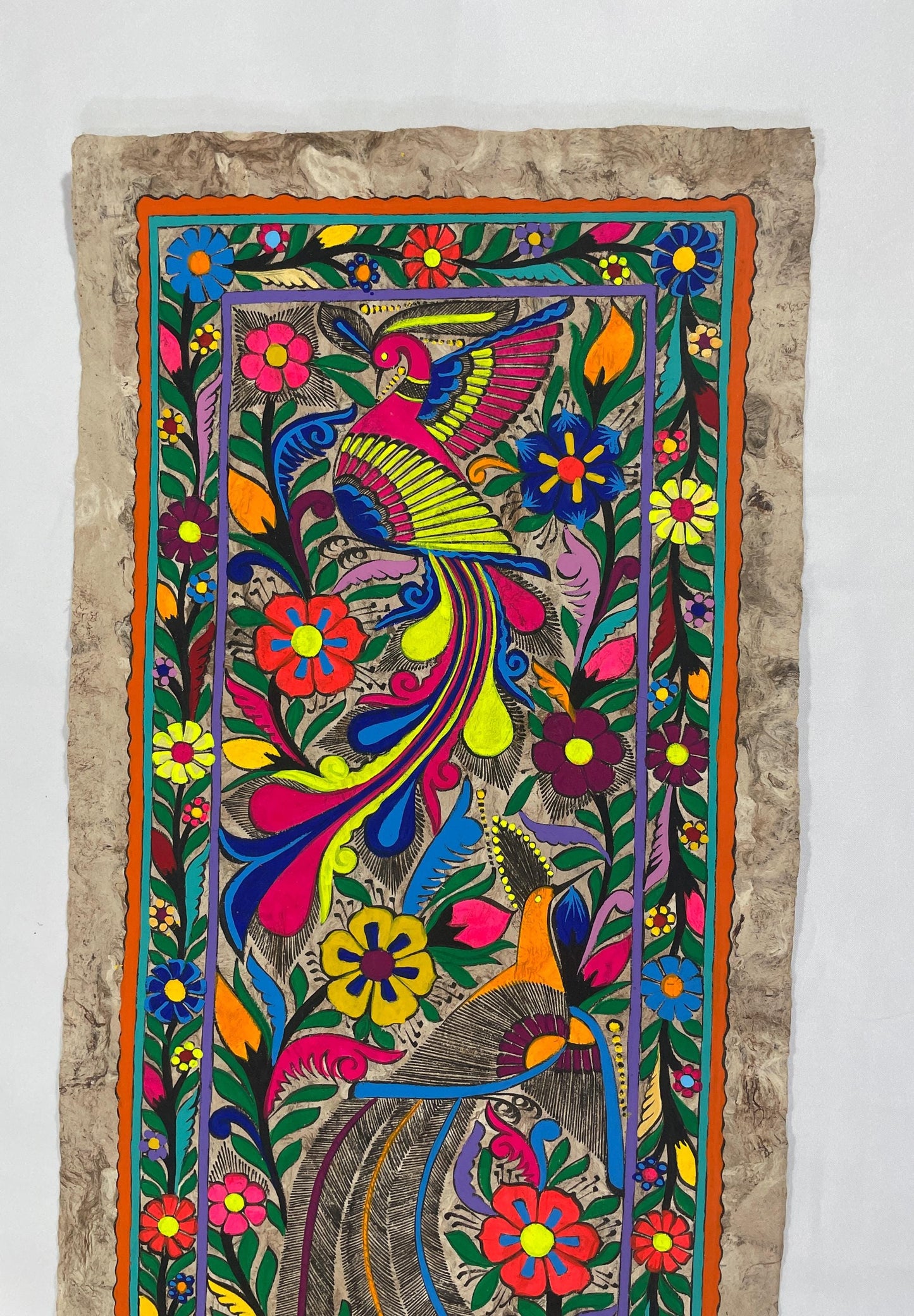 Arte Mexicano de Aves Exóticas sobre Papel Amate, Pintura Hecha a Mano, Decoración de Pared de Lujo/Obra Original 120 cm x 40 cm (Sin Marco)