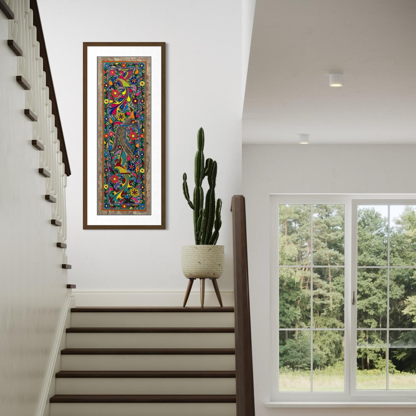 Arte Mexicano de Aves Exóticas sobre Papel Amate, Pintura Hecha a Mano, Decoración de Pared de Lujo/Obra Original 120 cm x 40 cm (Sin Marco)