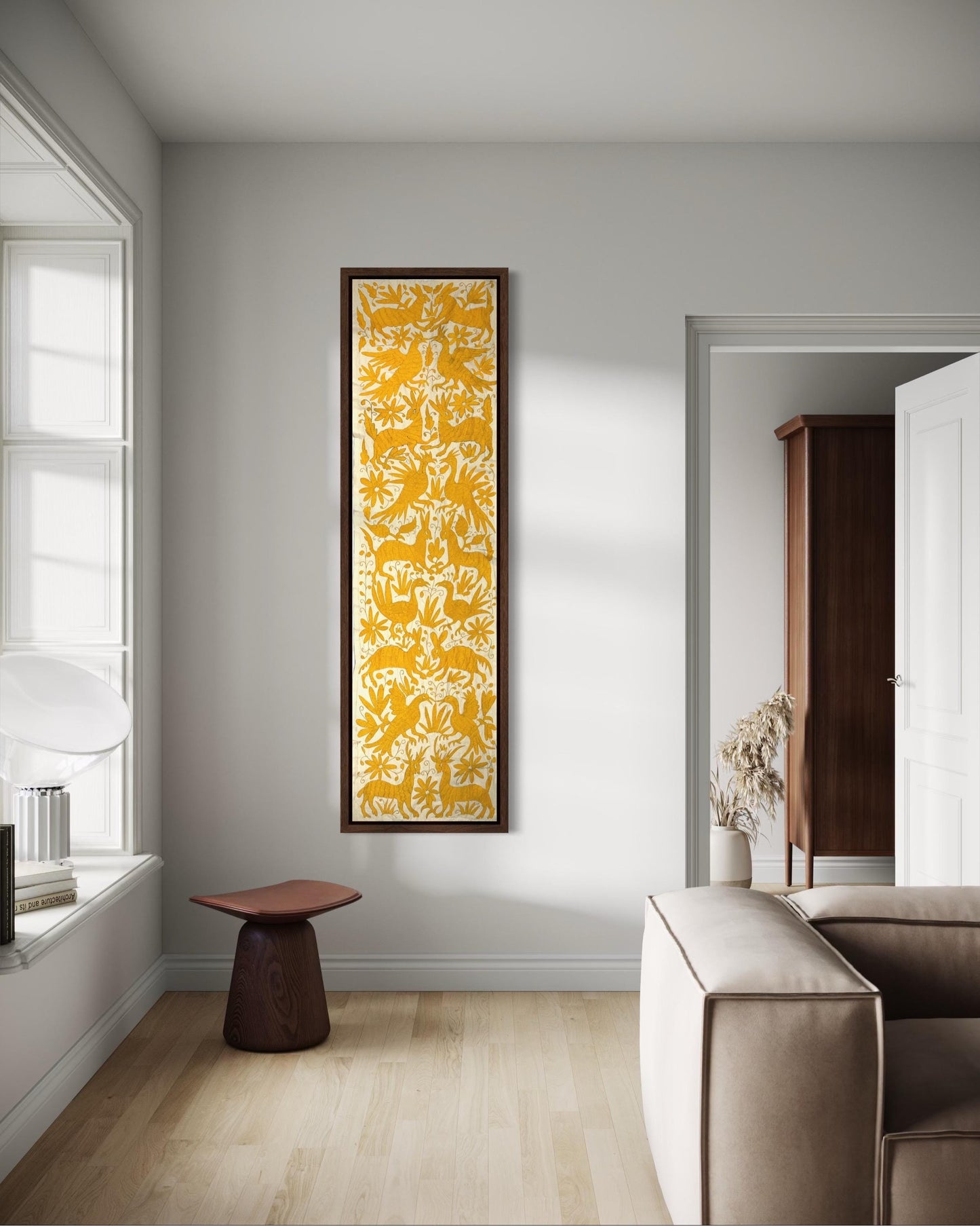 Gran Bordado Tenango Hecho a Mano en Color Amarillo, Camino de Mesa/Tapizado Otomi XXL 178 cm x 46 cm (SIN MARCO)