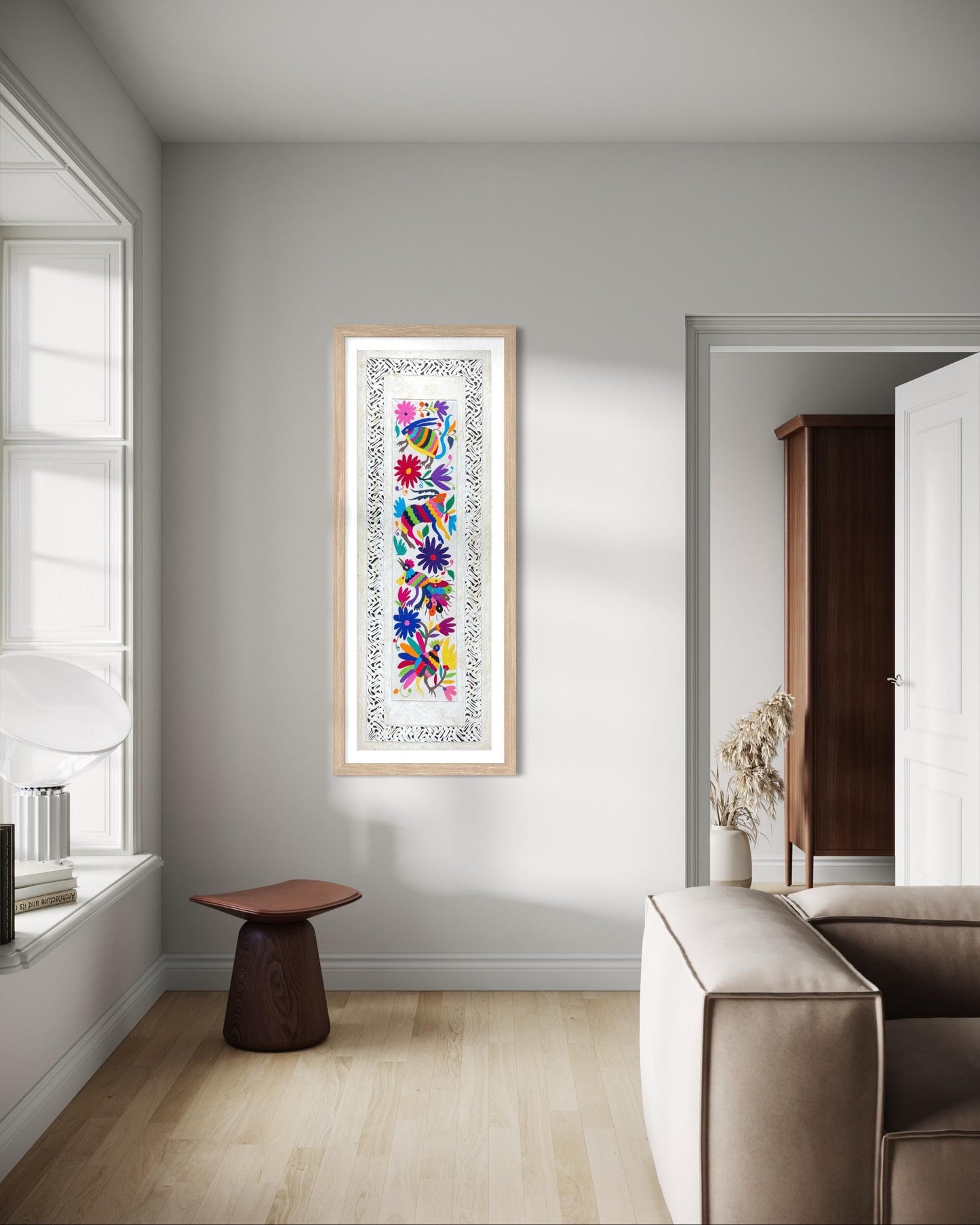Arte Mural Mexicano en Papel Amate con Bordado de Tenango Hecho a Mano- 120 cm x 40 cm-Arte Bordado Otomí Moderno (SIN MARCO)