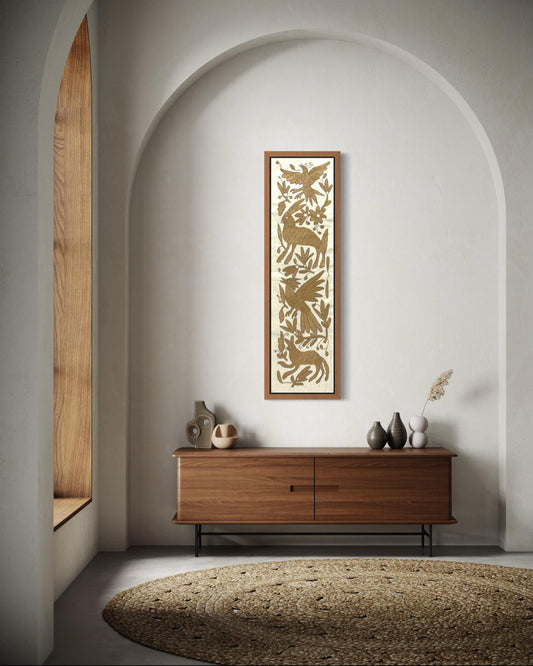 Bordado Tenango Hecho a Mano en Color Beige-Bordado Otomí XL 94 cm x 25 cm-Arte Mexicano de Forma Vertical (SIN MARCO)