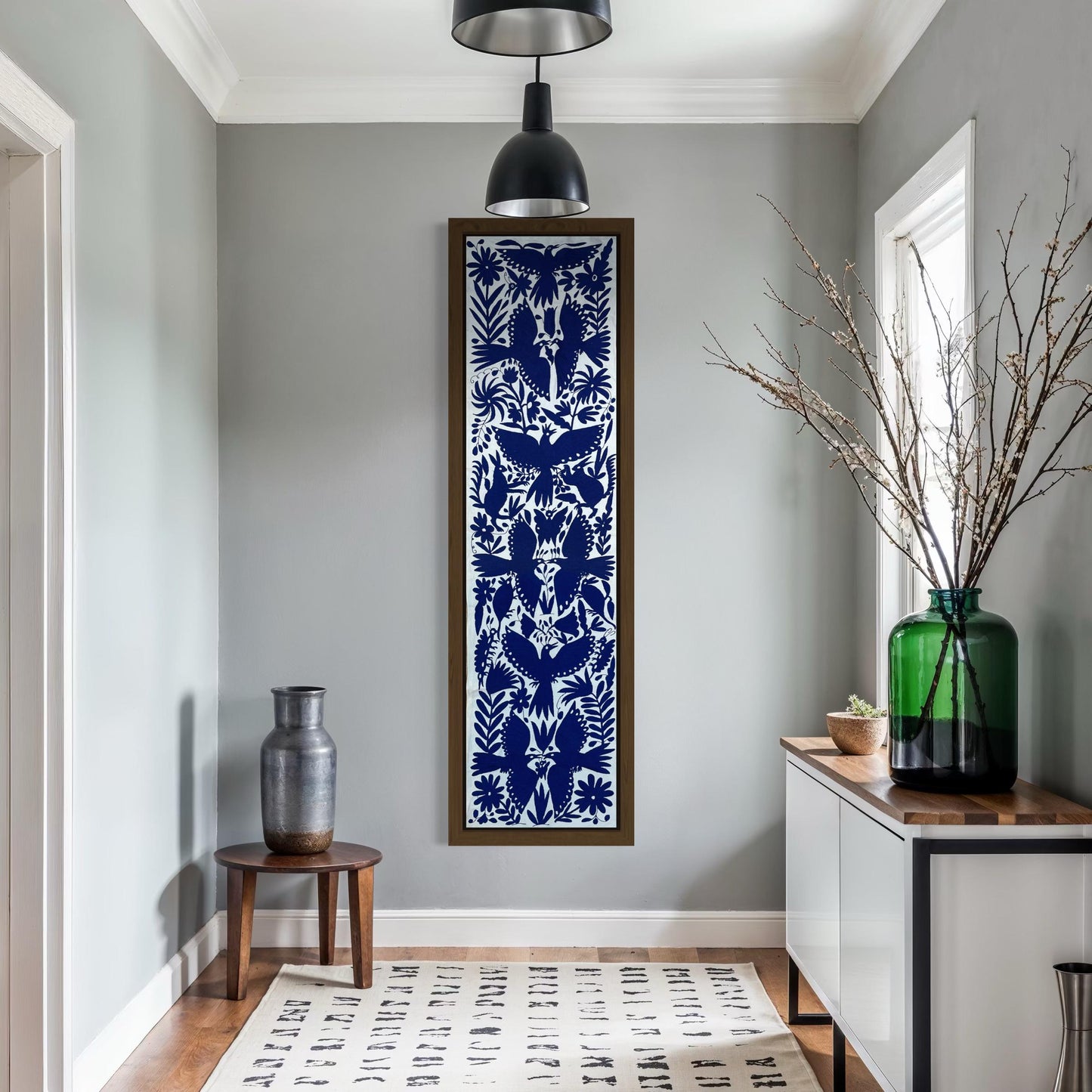 Enorme Bordado Tenango Hecho a Mano en Color Azul-Tapizado Otomi XXL 189 cm x 43 cm (SIN MARCO)
