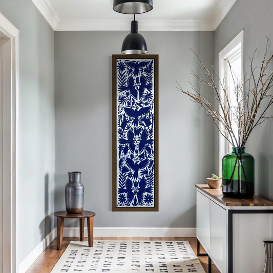 Enorme Bordado Tenango Hecho a Mano en Color Azul-Tapizado Otomi XXL 189 cm x 43 cm (SIN MARCO)