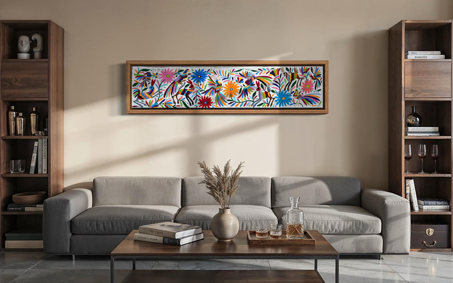 Enorme Bordado Tenango Hecho a Mano en Multicolor-Tapizado Otomi XXL 185 cm x 42 cm (SIN MARCO)