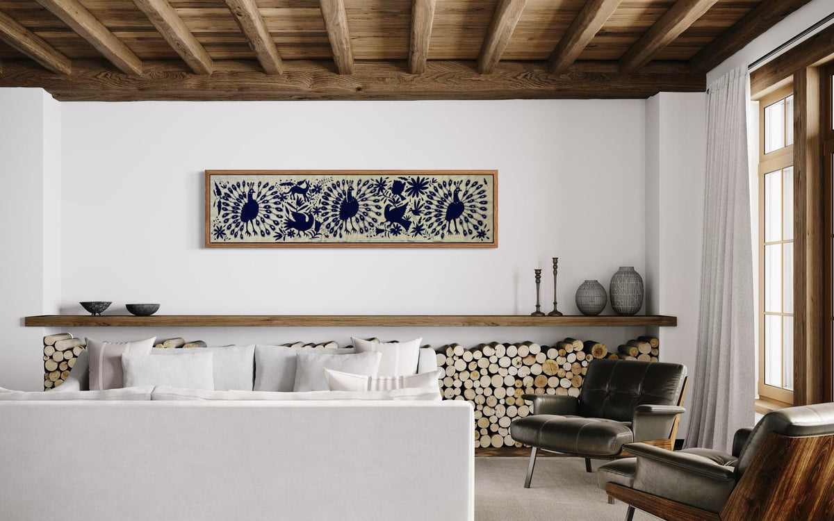 Bordado Tenango Hecho a Mano en Color Azul Marino, Tapizado Otomi XXL de 190 x 45 cm-Arte Mexicano (SIN MARCO)-Aves Pavoreales