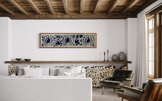 Bordado Tenango Hecho a Mano en Color Azul Marino, Tapizado Otomi XXL de 190 x 45 cm-Arte Mexicano (SIN MARCO)-Aves Pavoreales