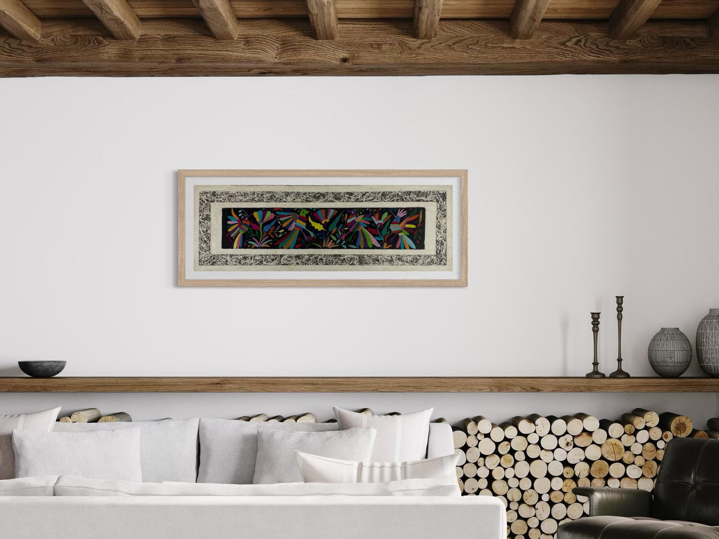 Arte Mural Mexicano en Papel Amate con Bordado de Tenango Hecho a Mano- 47,2 x 15,7-Arte Bordado Otomí Moderno (SIN MARCO)