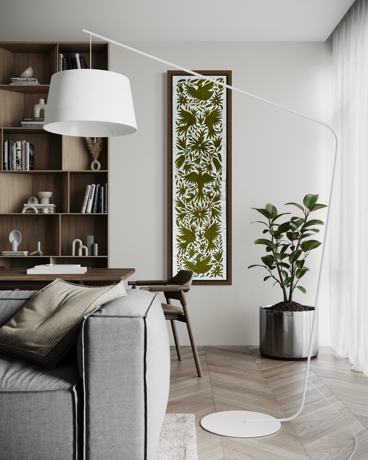 Enorme Bordado Tenango Hecho a Mano en Color Verde Olivo, Camino de Mesa/Tapizado Otomi, XXL 191 cm x 45 cm (Sin Marco) PIEZA ÚNICA.