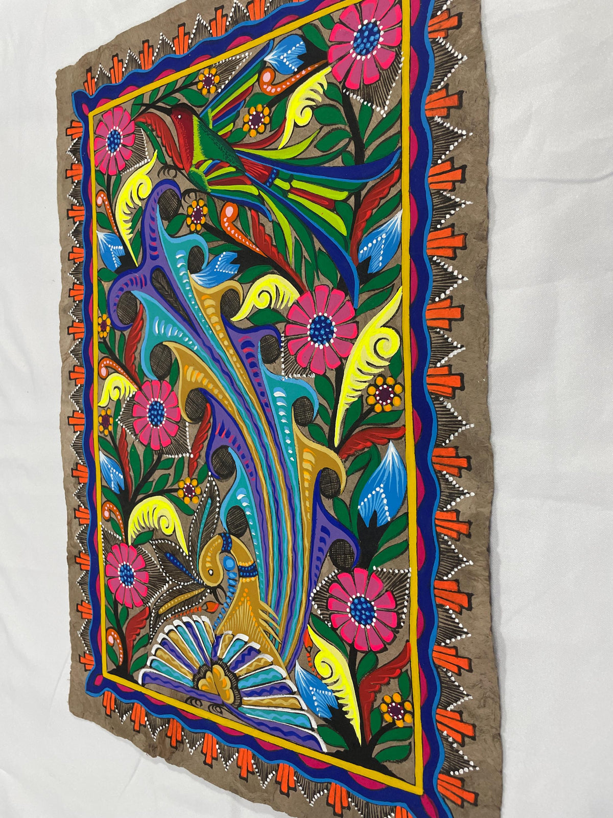 Papel Amate Mexicano Hecho a Mano,Arte Original de Ave Majestuosa y Flores Vibrantes,Obra Única de Colección, 40 cm x 60 cm (Sin Marco)