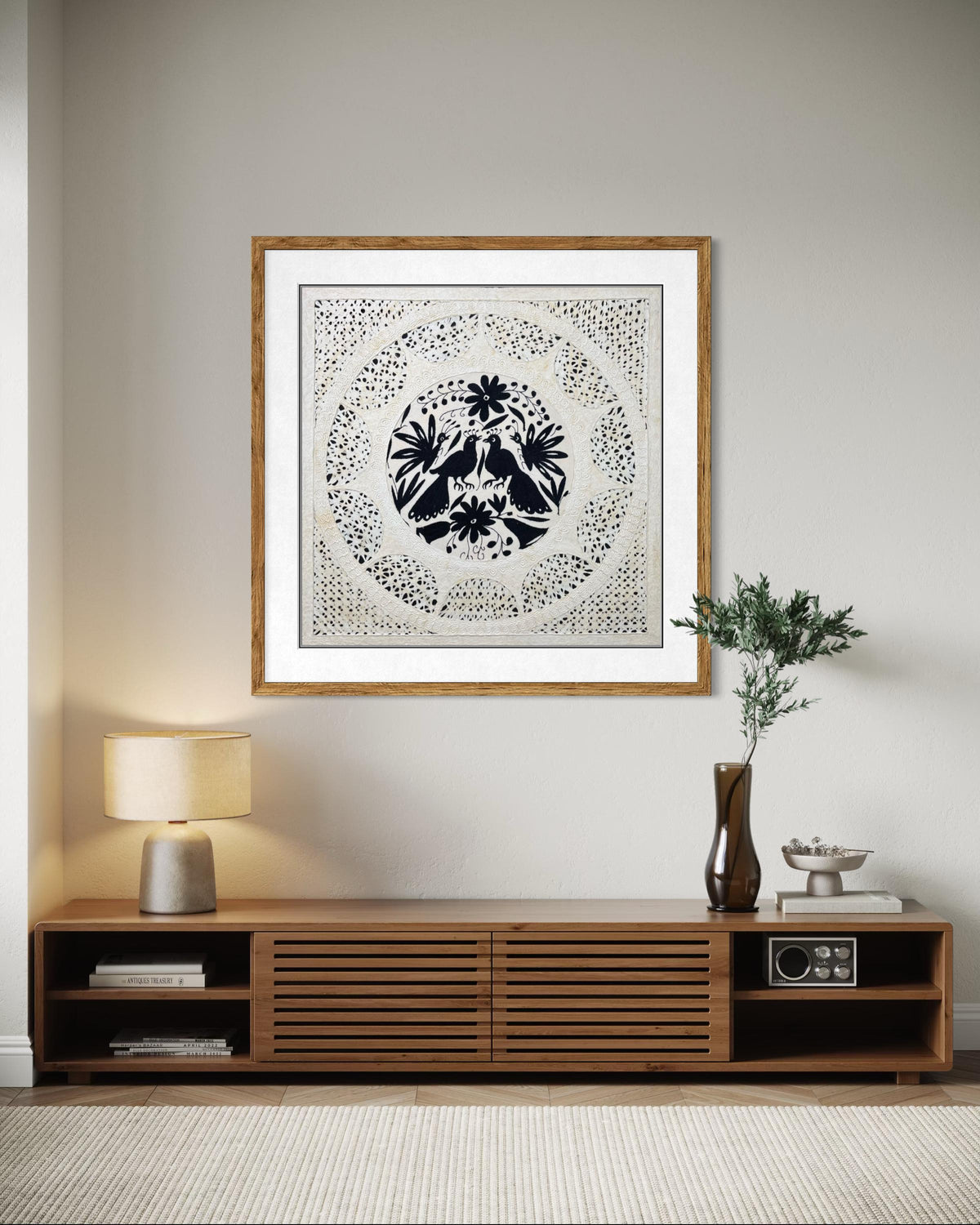 Arte Mural Mexicano en Papel Amate y Bordado Tenango Hecho a Mano en Colo Negro-XL 31 x 31-Arte Otomí Moderno (SIN MARCO)