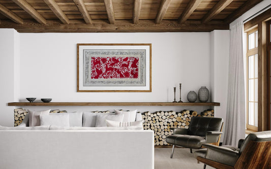 Enorme Arte Mural Mexicano Moderno en Papel Amate con Bordado Tenango Hecho A Mano en Color RojoXXL 47.2 in X 27.5 in (SIN MARCO)