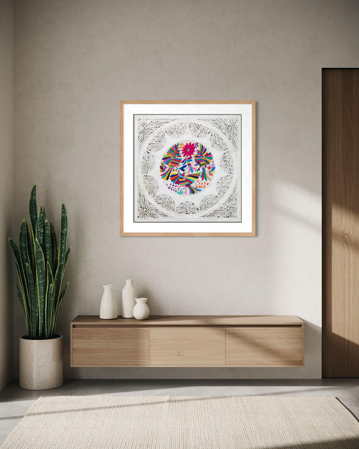 Arte Mural en Papel Amate Fusionado con Bordado Tenango Hecho a Mano-XL 31 x 31-Arte Mexicano Moderno (SIN MARCO)