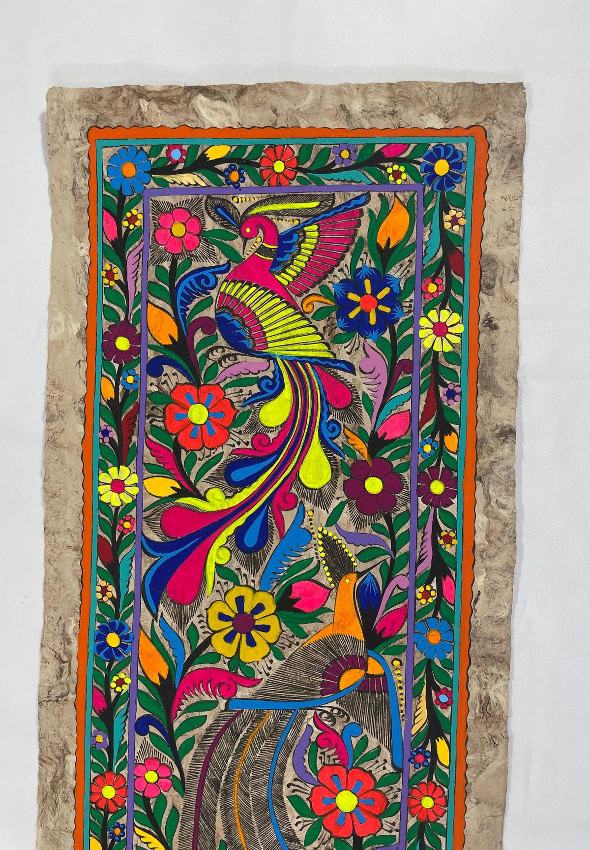 Arte Mexicano de Aves Exóticas sobre Papel Amate, Pintura Hecha a Mano, Decoración de Pared de Lujo/Obra Original 120 cm x 40 cm (Sin Marco)
